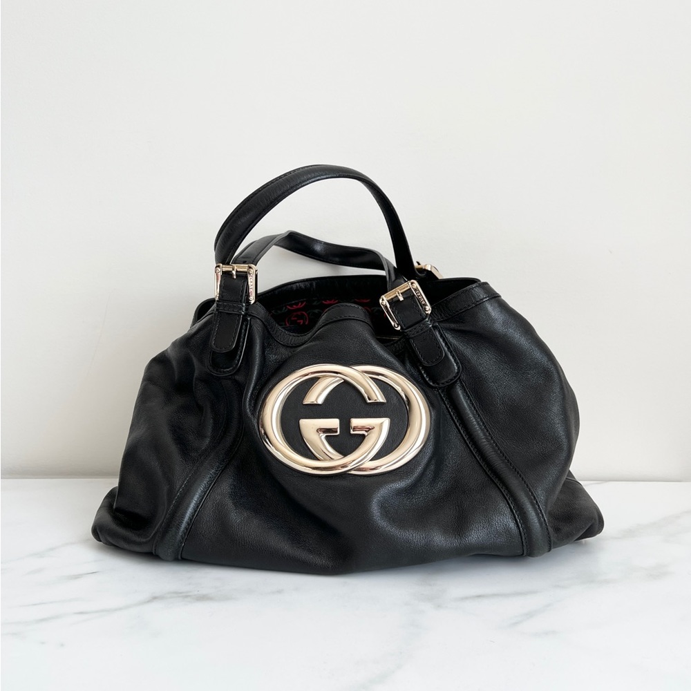VINTAGE Gucci Leather Black Gold Emblem Logo Statement Shoulder Bag
